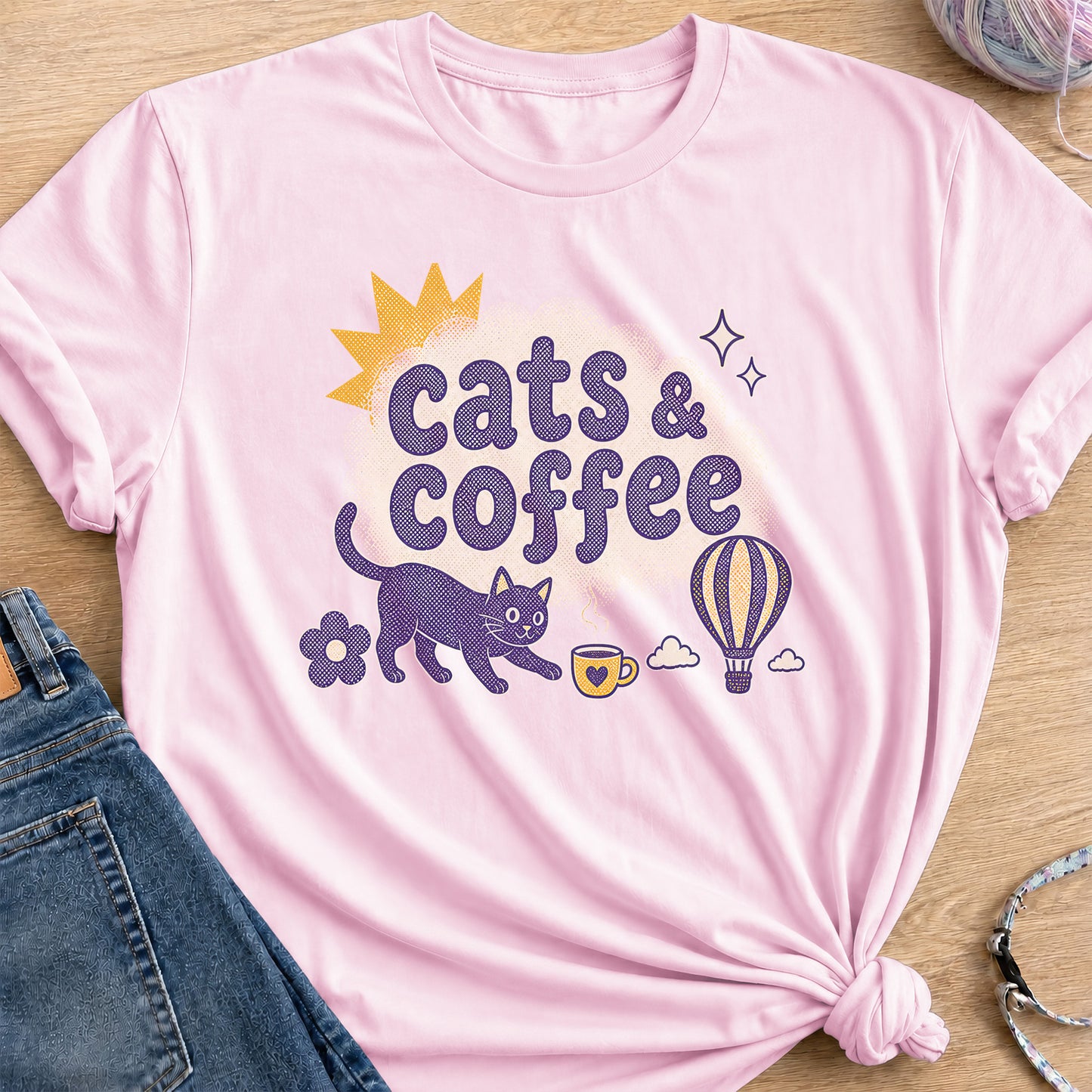 Cats & Coffee T-Shirt — Light Pink