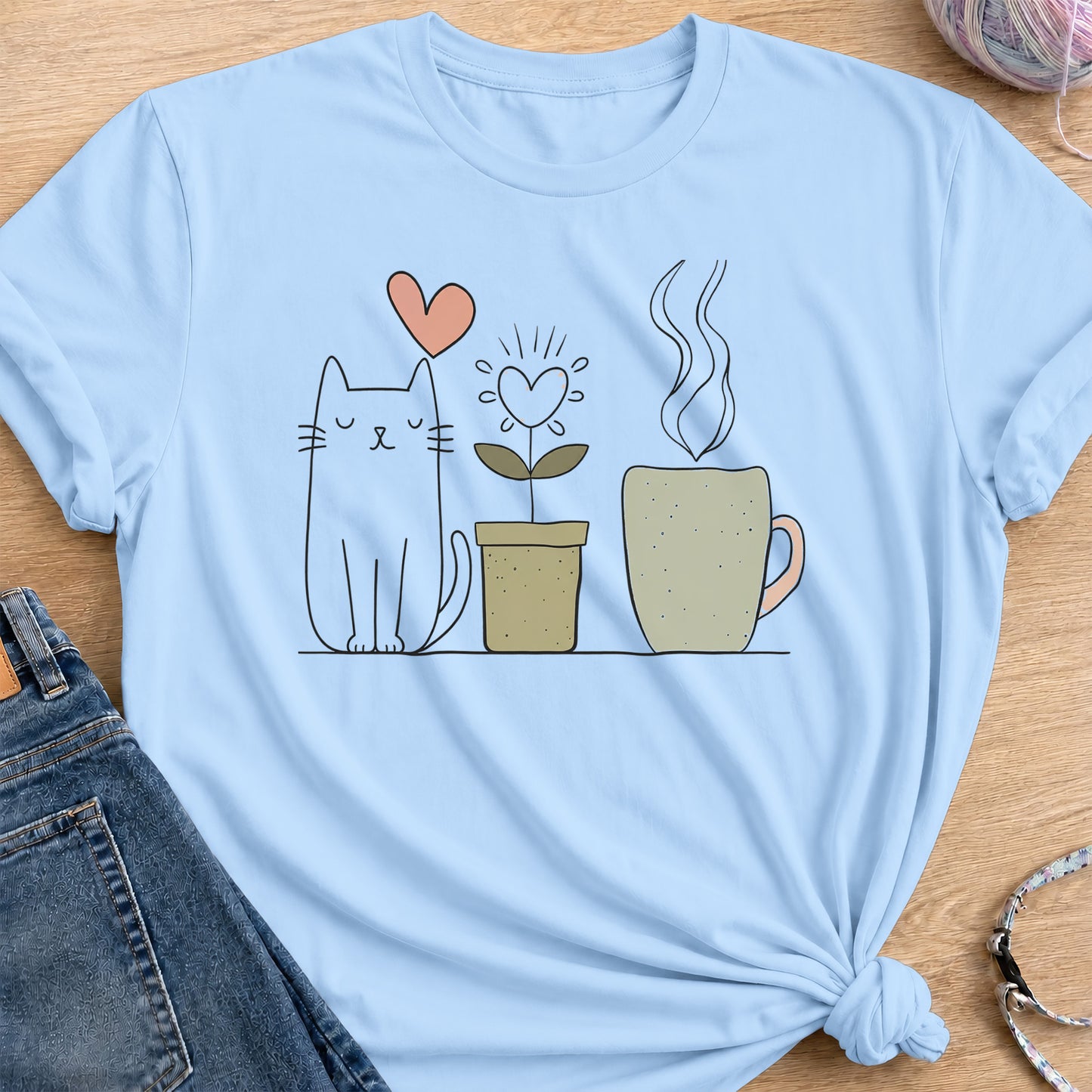 Coffee and Plant T-Shirt — Light Blue