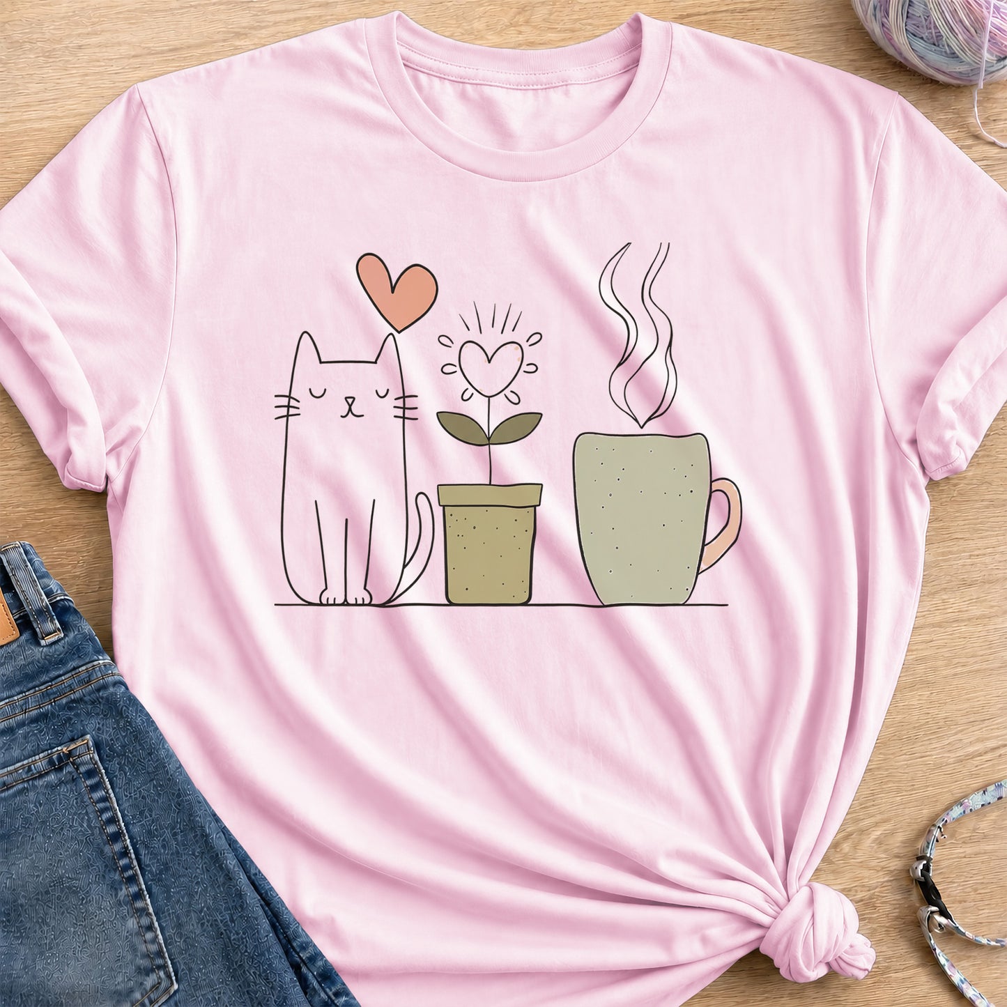 Coffee and Plant T-Shirt — Light Pink