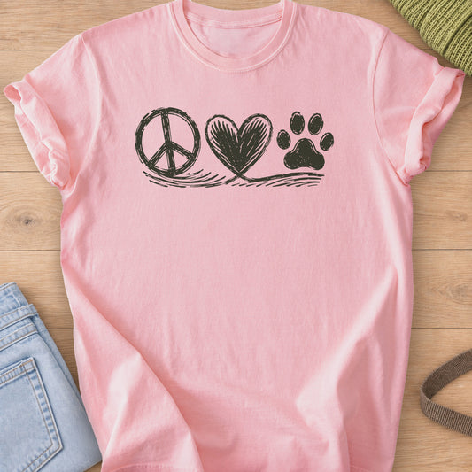 Hand-drawn peace sign, heart and cat paw print in a row above loose swoosh lines, dark charcoal ink on a Blossom T-Shirt