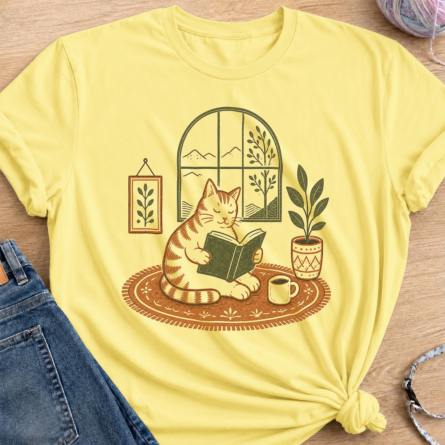 Cozy Cat Reader T-Shirt — Cornsilk