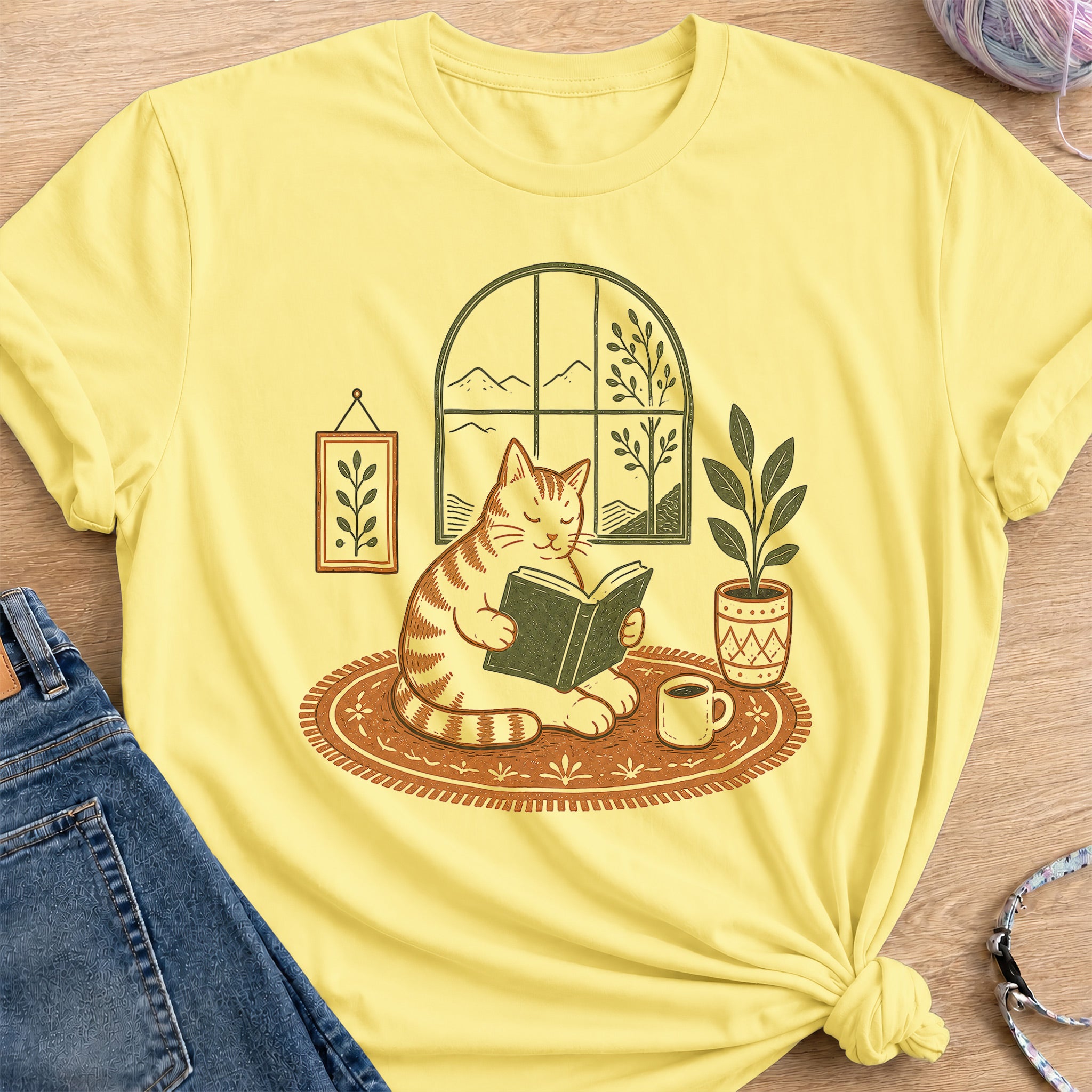 Cozy Cat Reader T-Shirt — Cornsilk
