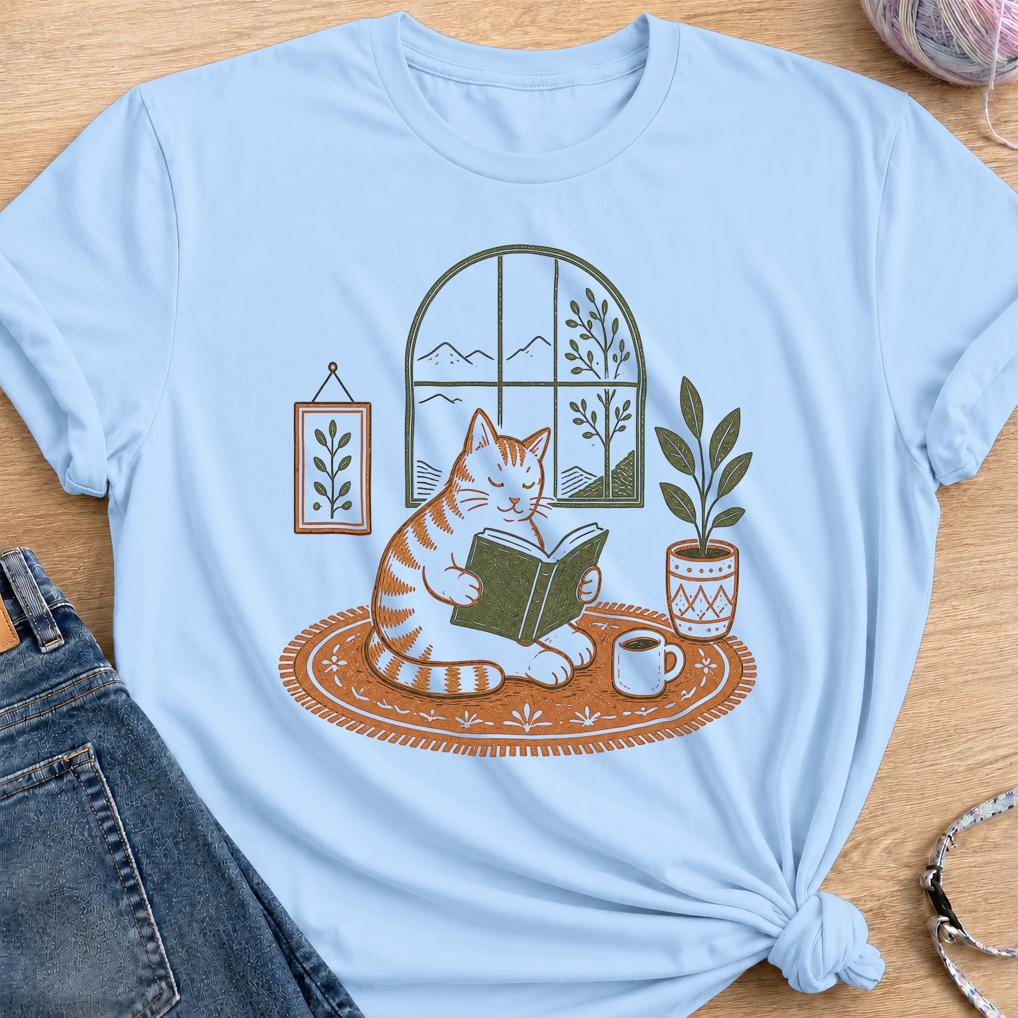 Cozy Cat Reader T-Shirt — Light Blue