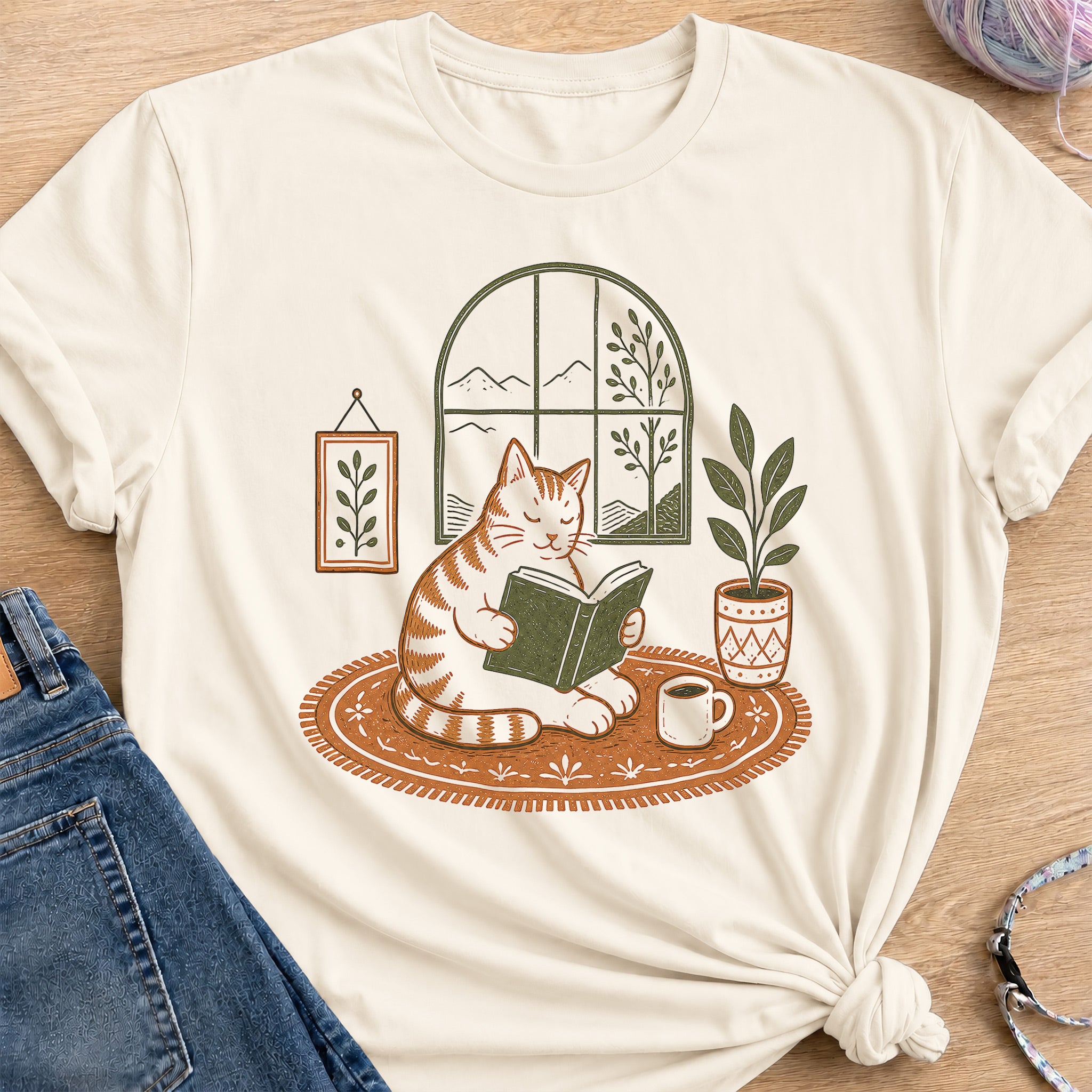 Cozy Cat Reader T-Shirt — Natural