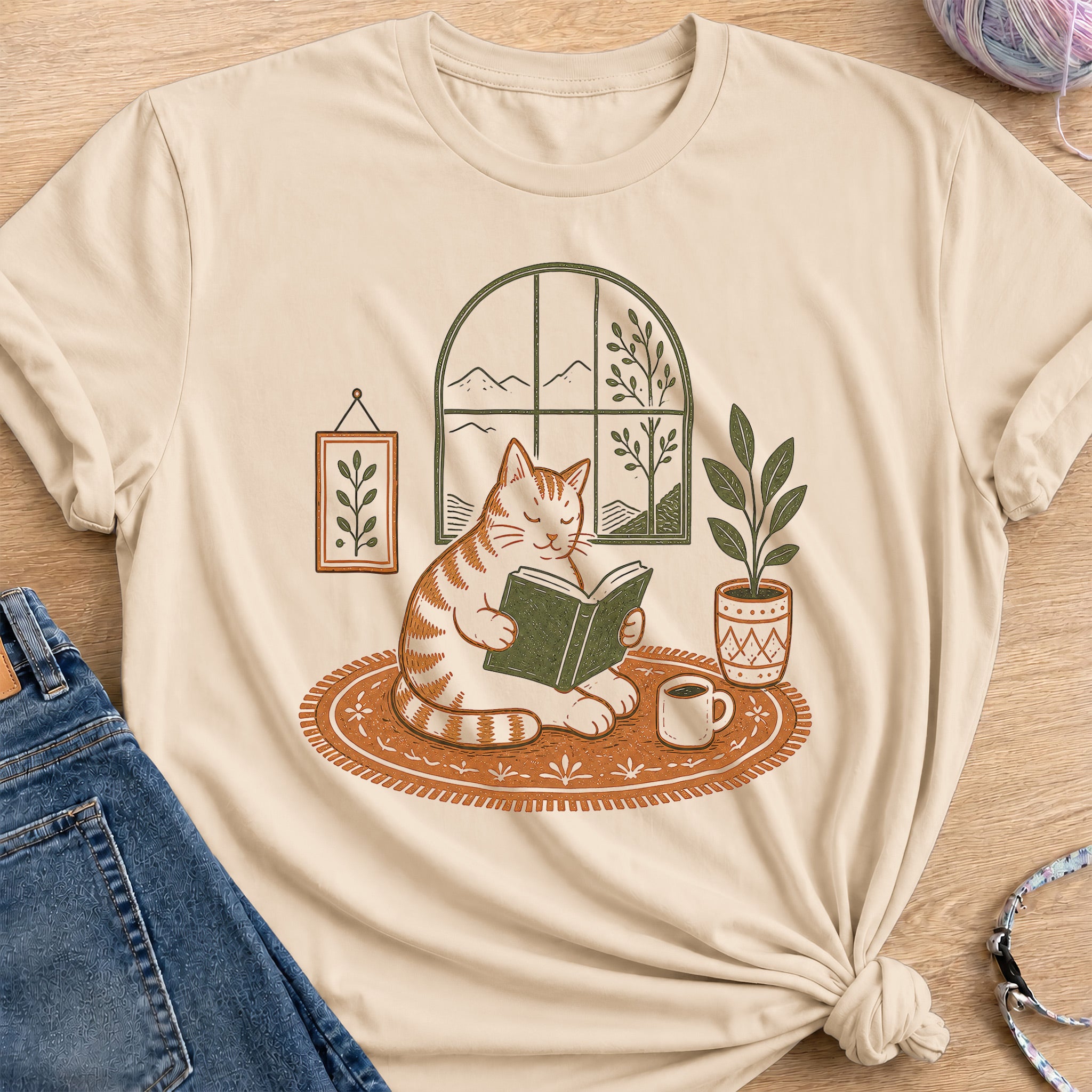 Cozy Cat Reader T-Shirt — Sand