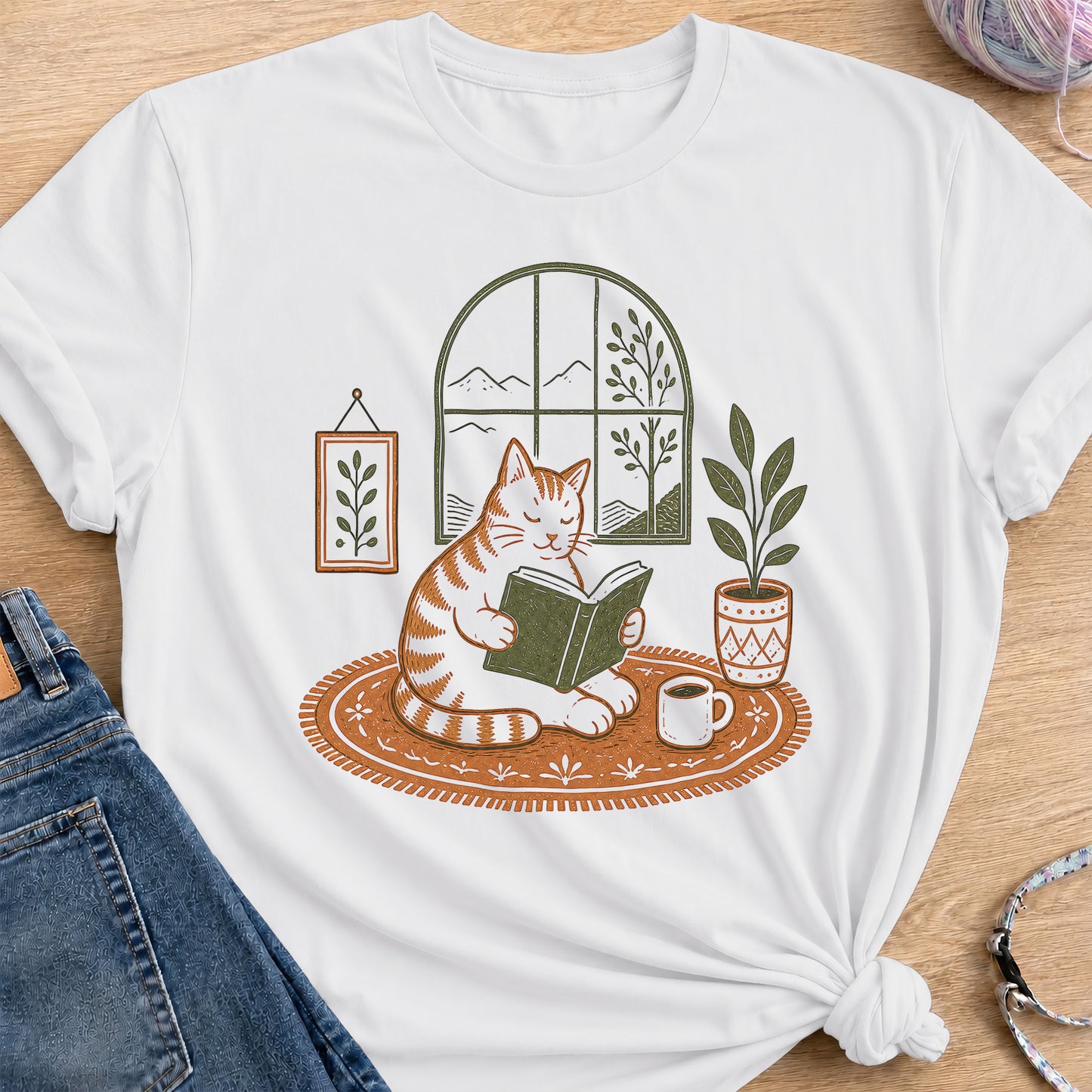 Cozy Cat Reader T-Shirt — White