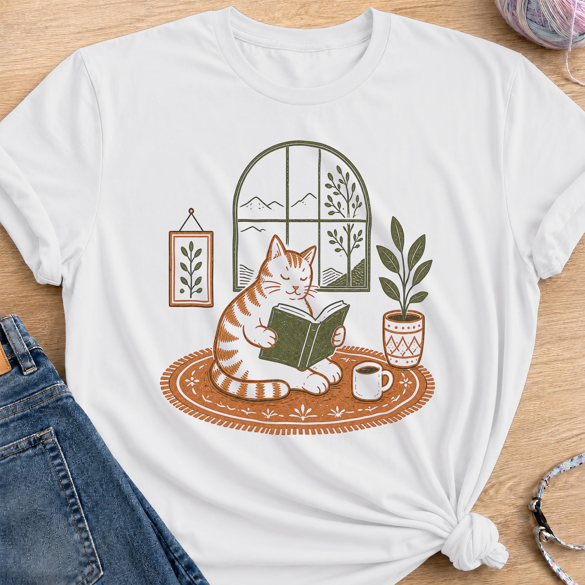 Cozy Cat Reader T-Shirt — White