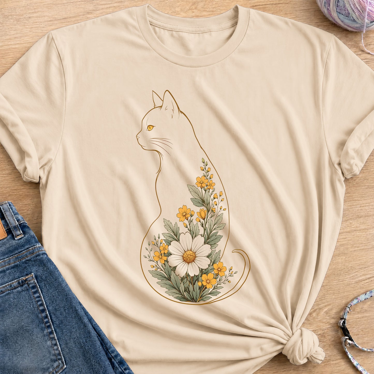 Vintage Floral Cat T-Shirt — Sand