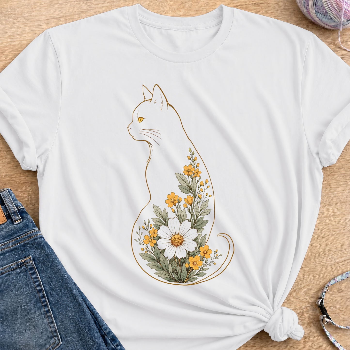 Vintage Floral Cat T-Shirt — White