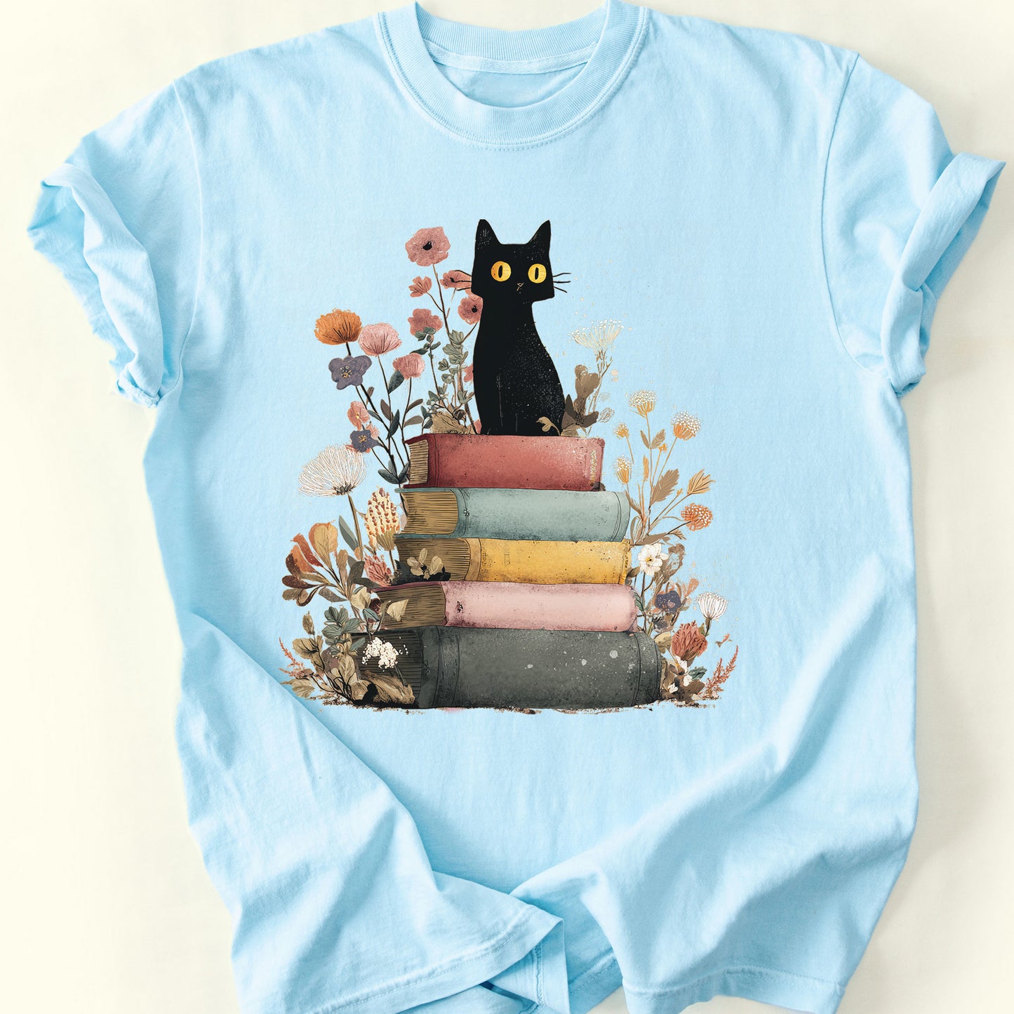 Mystic Library Cat T-Shirt — Chambray