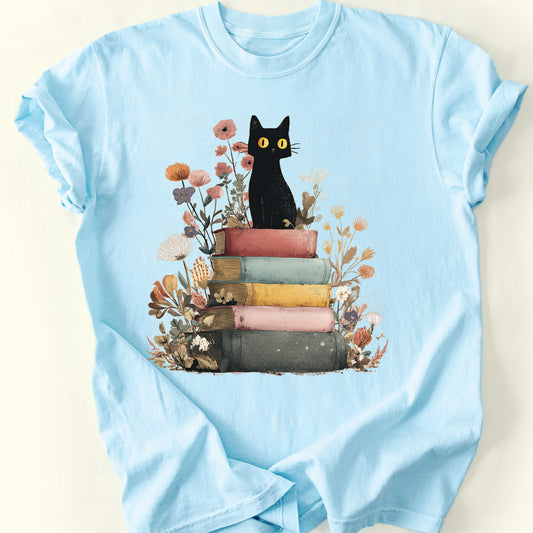 Mystic Library Cat T-Shirt — Chambray