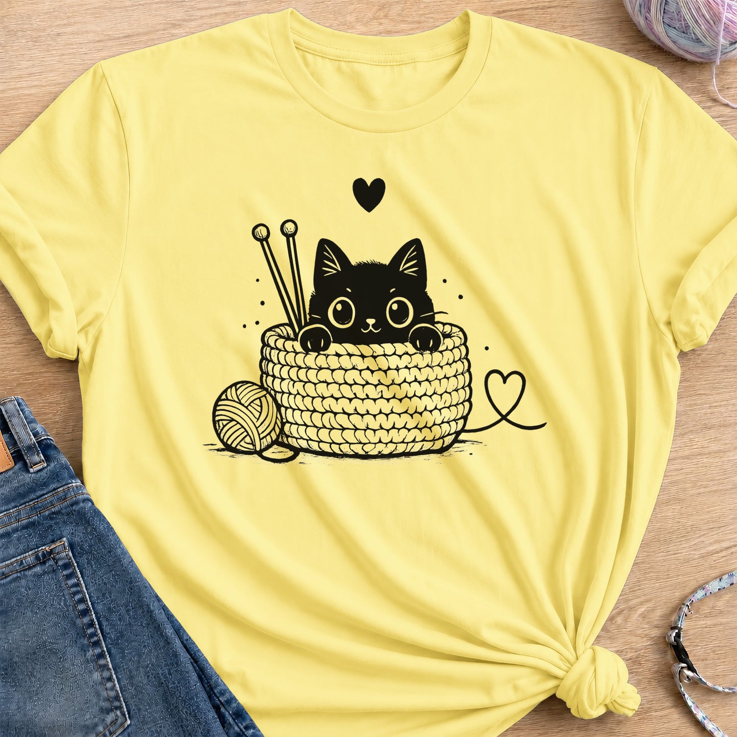 Cozy Crochet Cat T-Shirt — Cornsilk
