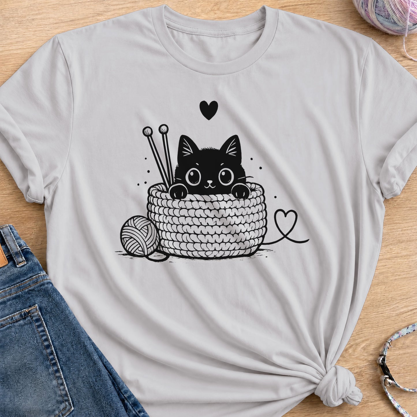 Cozy Crochet Cat T-Shirt — Ice Grey
