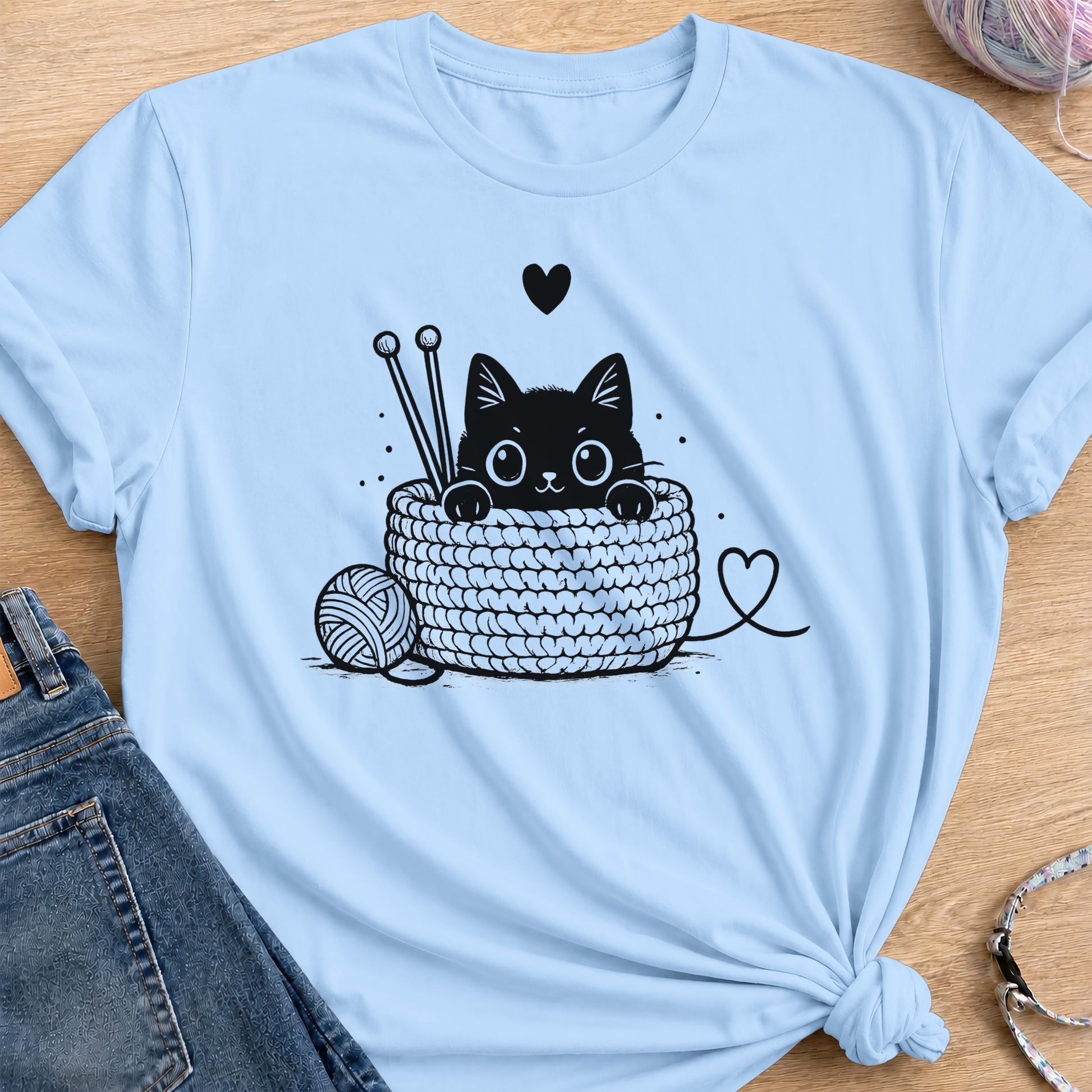Cozy Crochet Cat T-Shirt — Light Blue