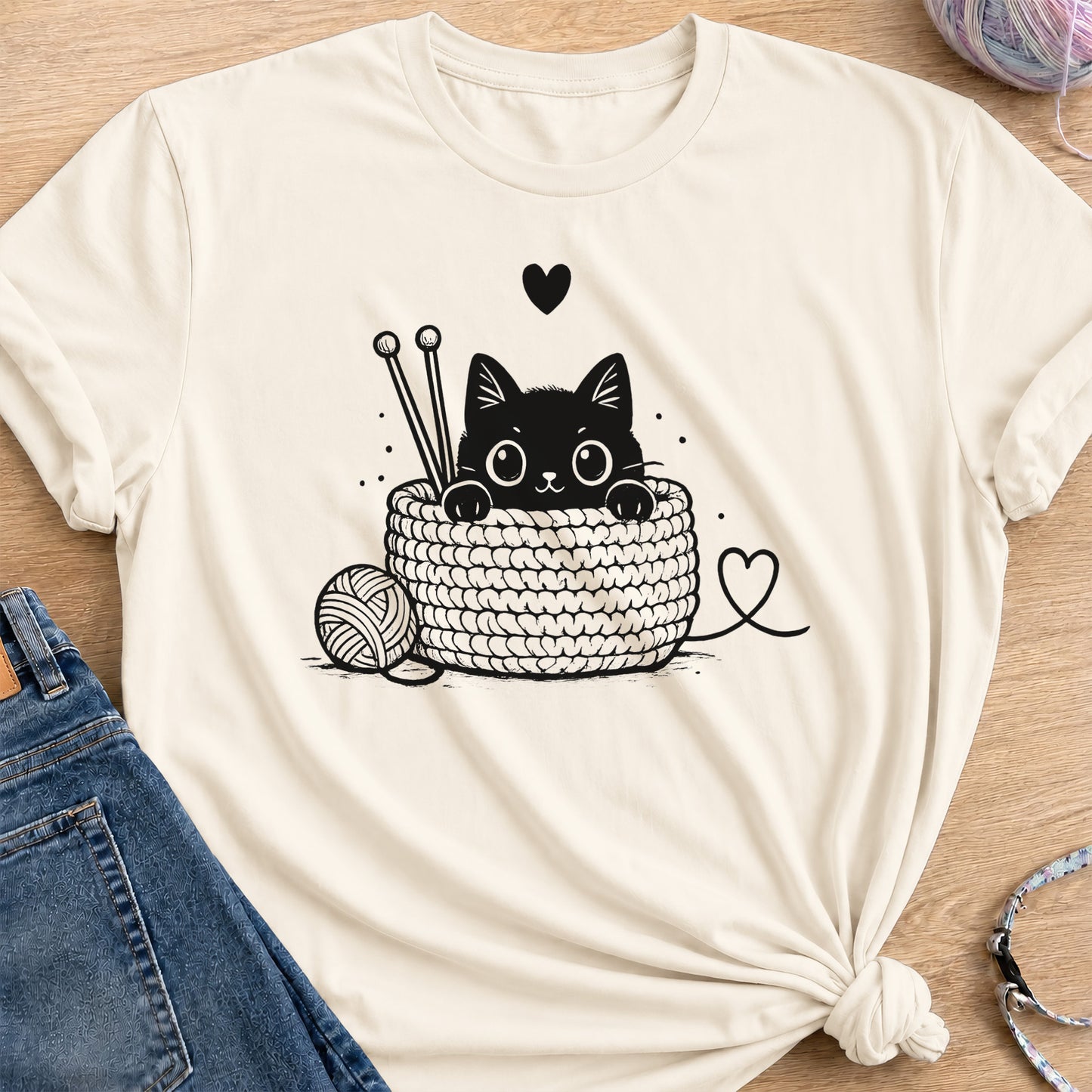 Cozy Crochet Cat T-Shirt — Natural