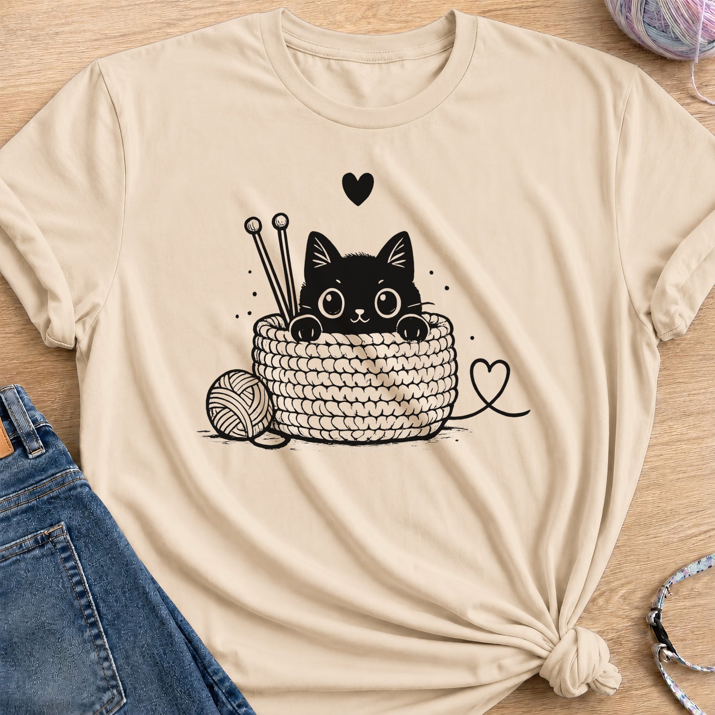 Cozy Crochet Cat T-Shirt — Sand