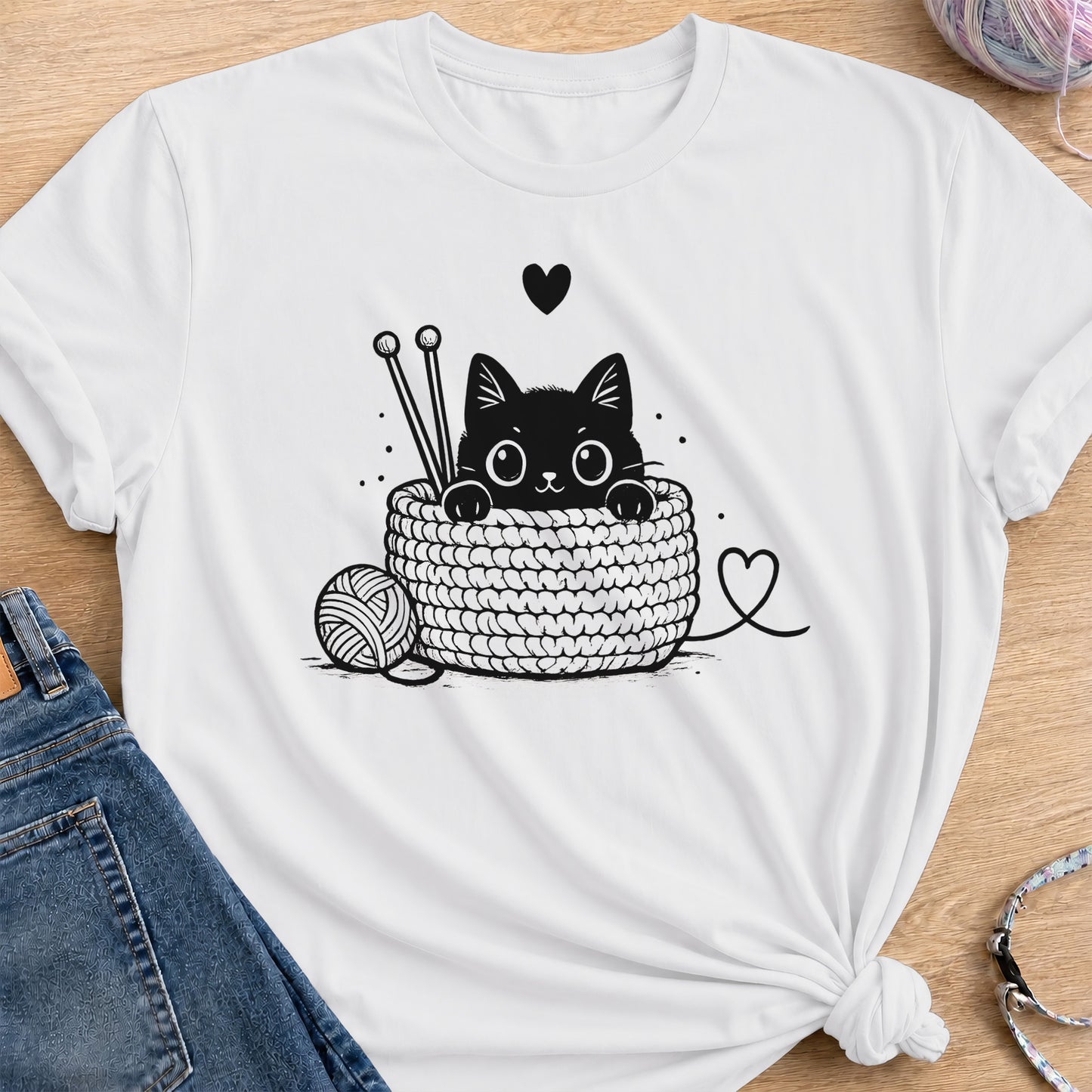 Cozy Crochet Cat T-Shirt — White