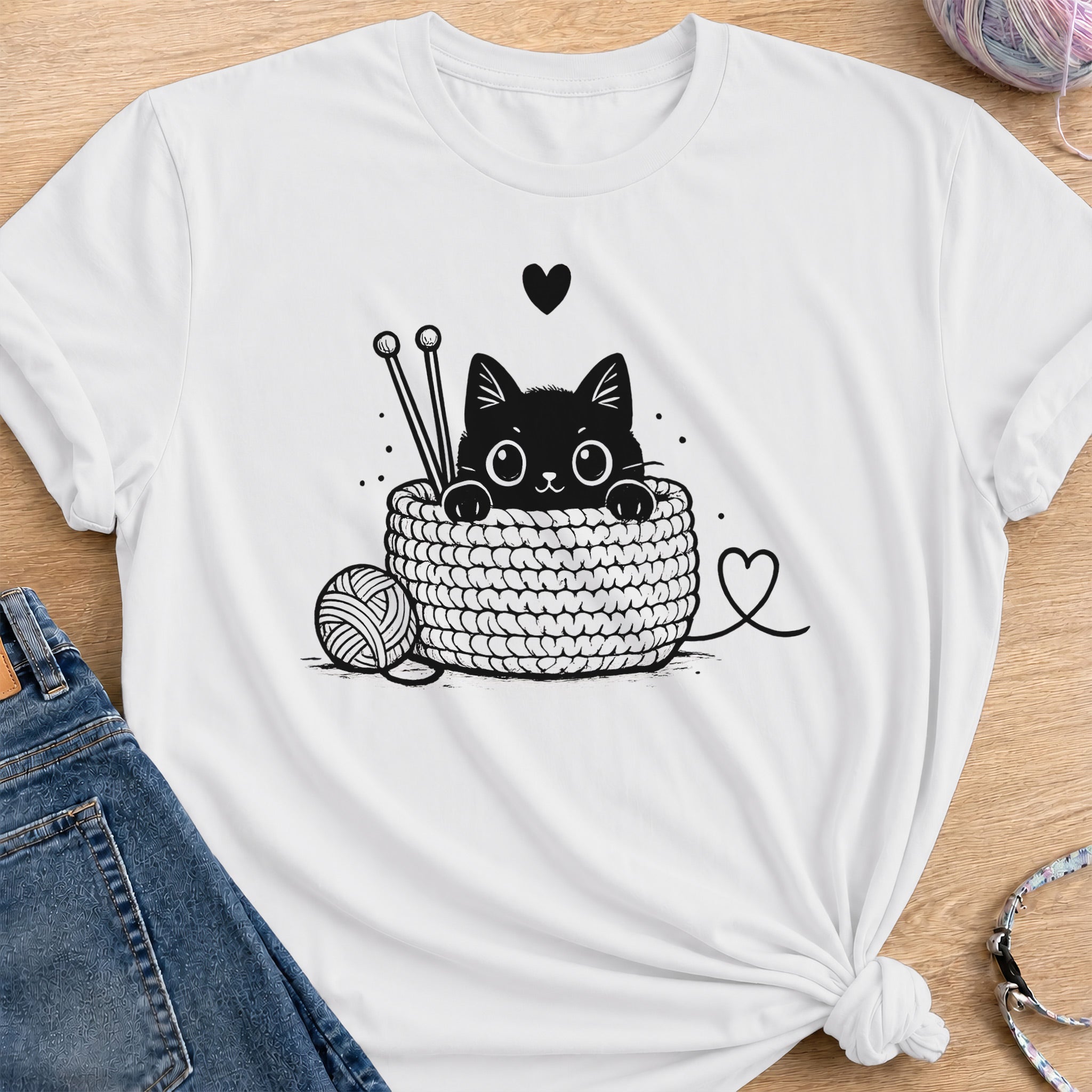 Cozy Crochet Cat T-Shirt — White