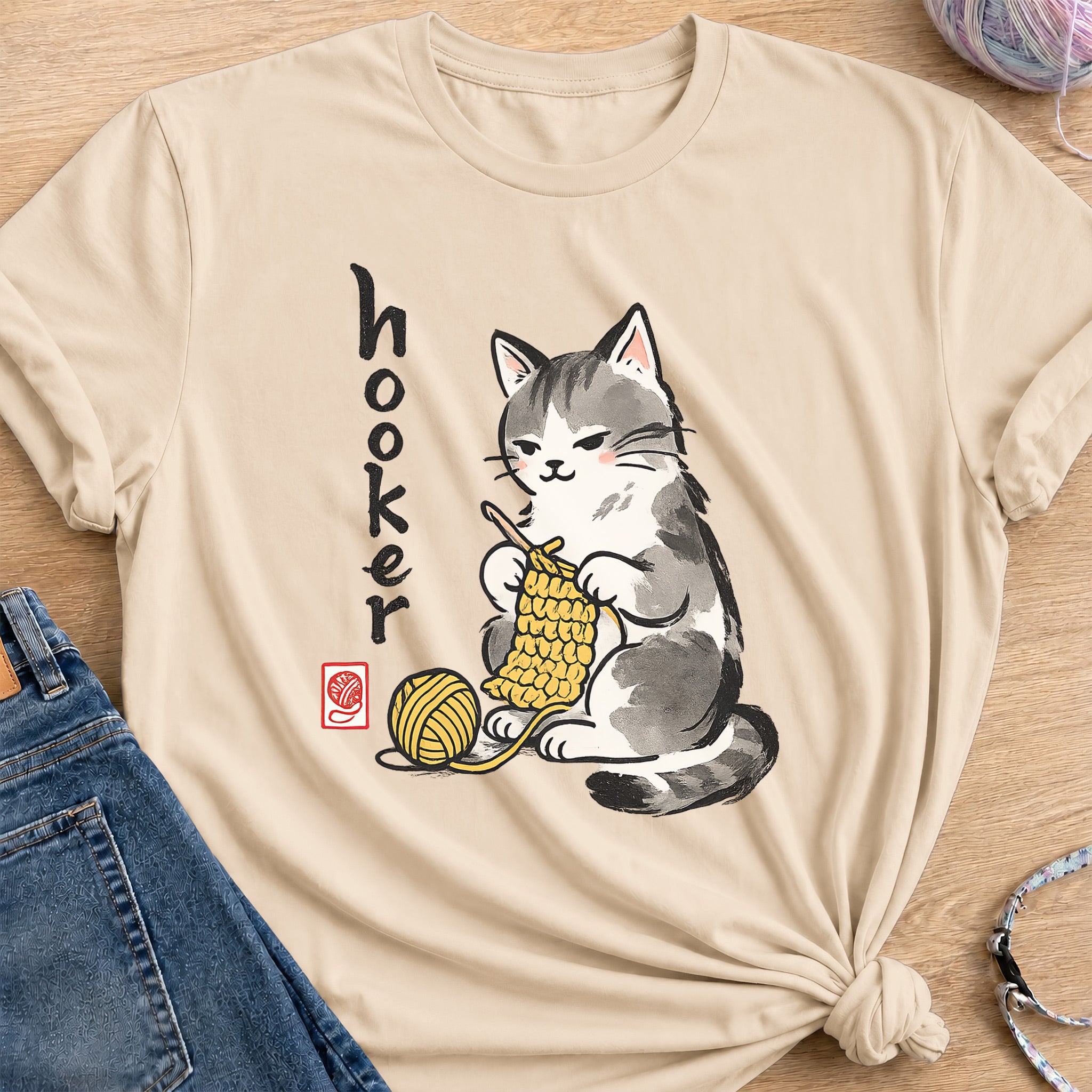 Cat Crochet T-Shirt — Sand