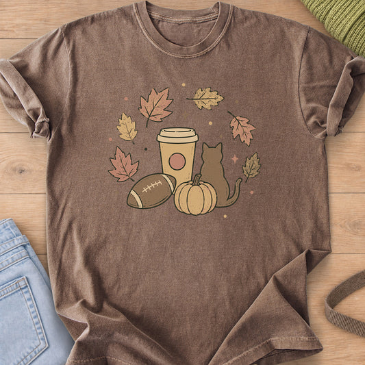 Cat seen from behind by a pumpkin, coffee cup and football in a ring of fall leaves on an Espresso T-Shirt