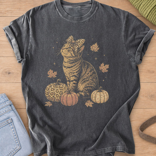 Tabby cat with a leopard print bow gazing up among pumpkins and maple leaves on a Pepper T-Shirt
