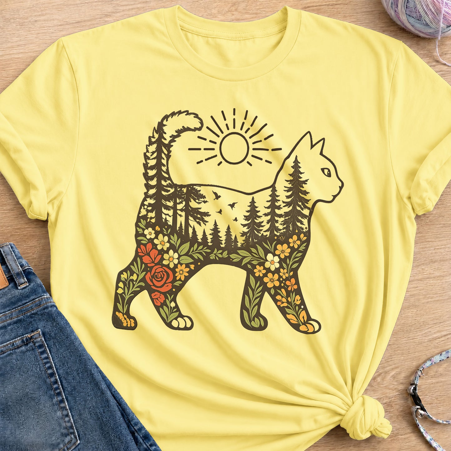 Woodland Cat T-Shirt — Cornsilk