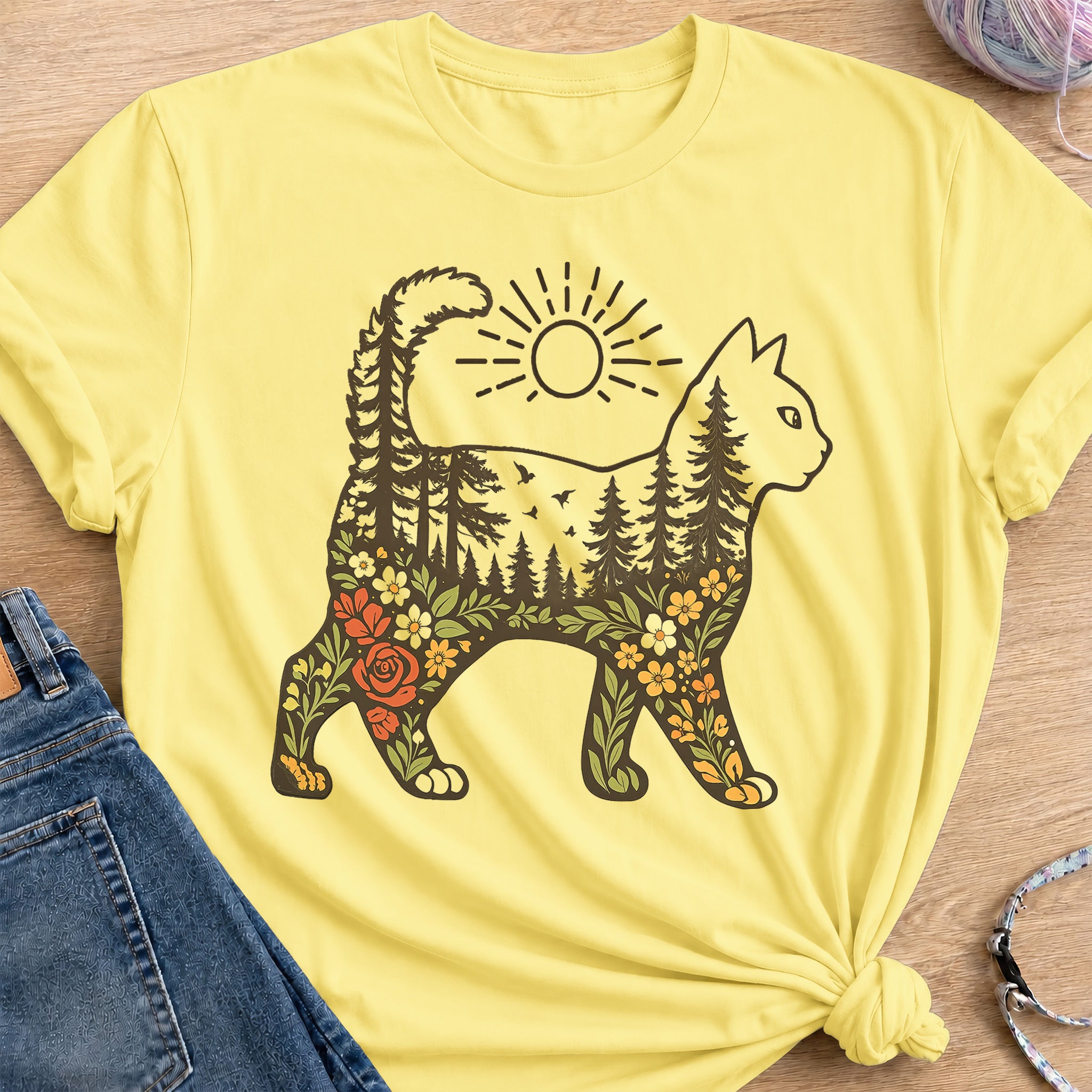 Woodland Cat T-Shirt — Cornsilk