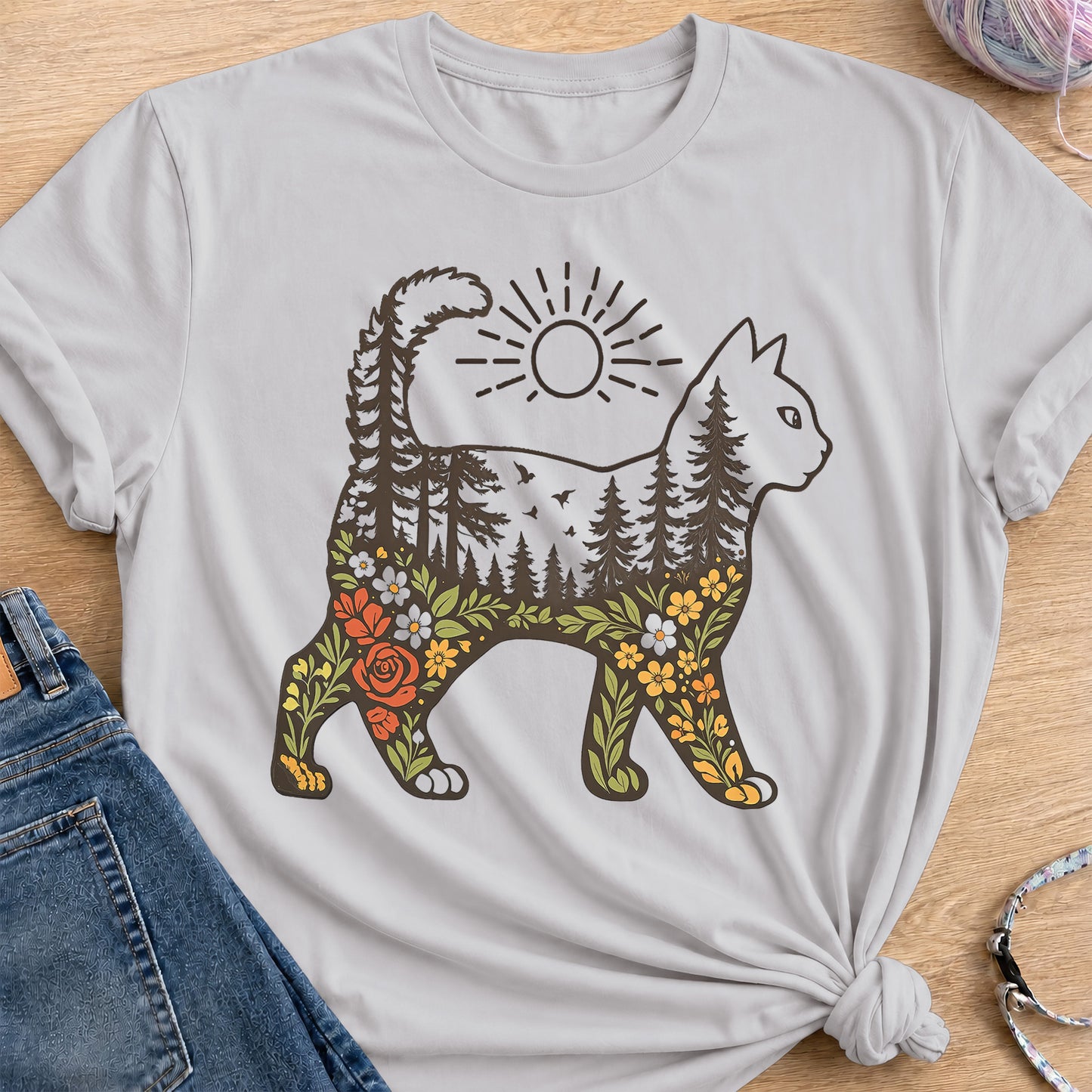 Woodland Cat T-Shirt — Ice Grey