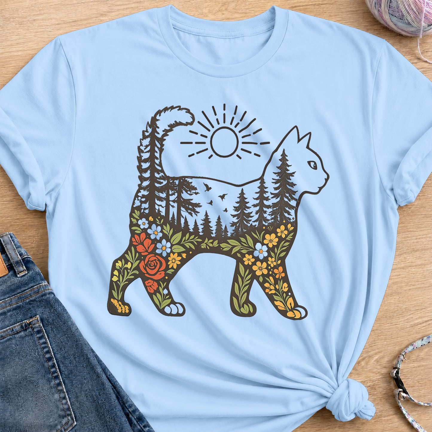 Woodland Cat T-Shirt — Light Blue