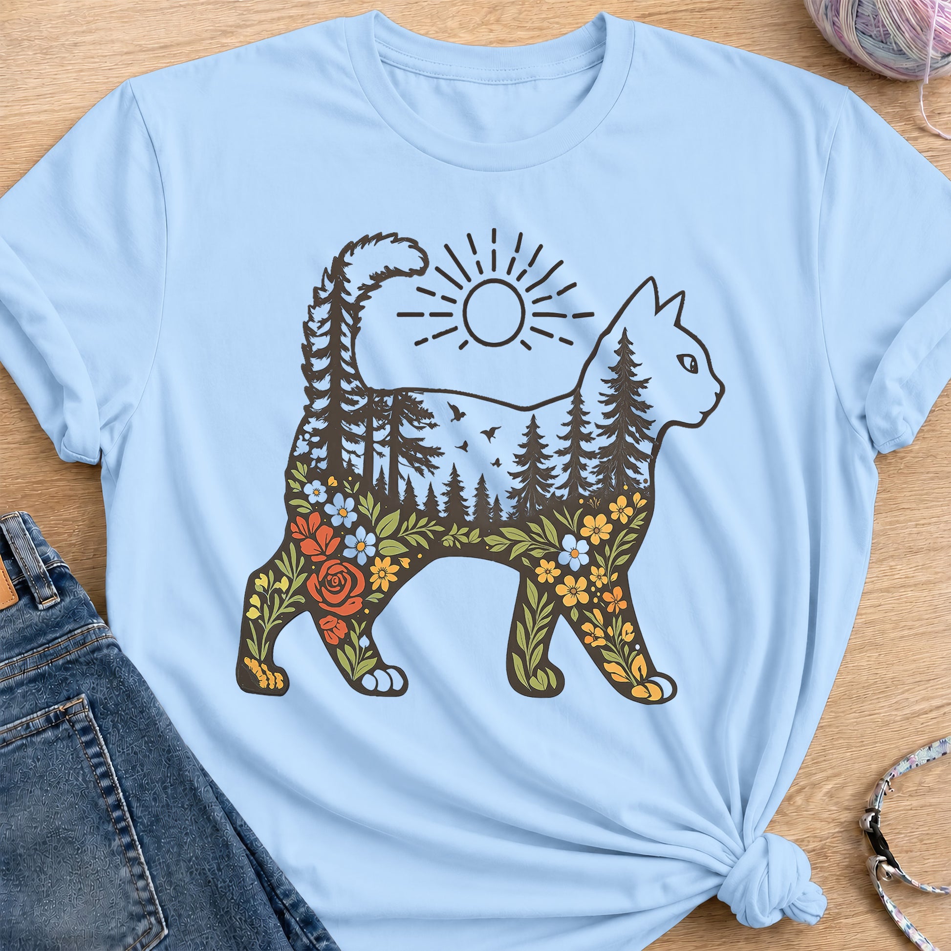 Woodland Cat T-Shirt — Light Blue