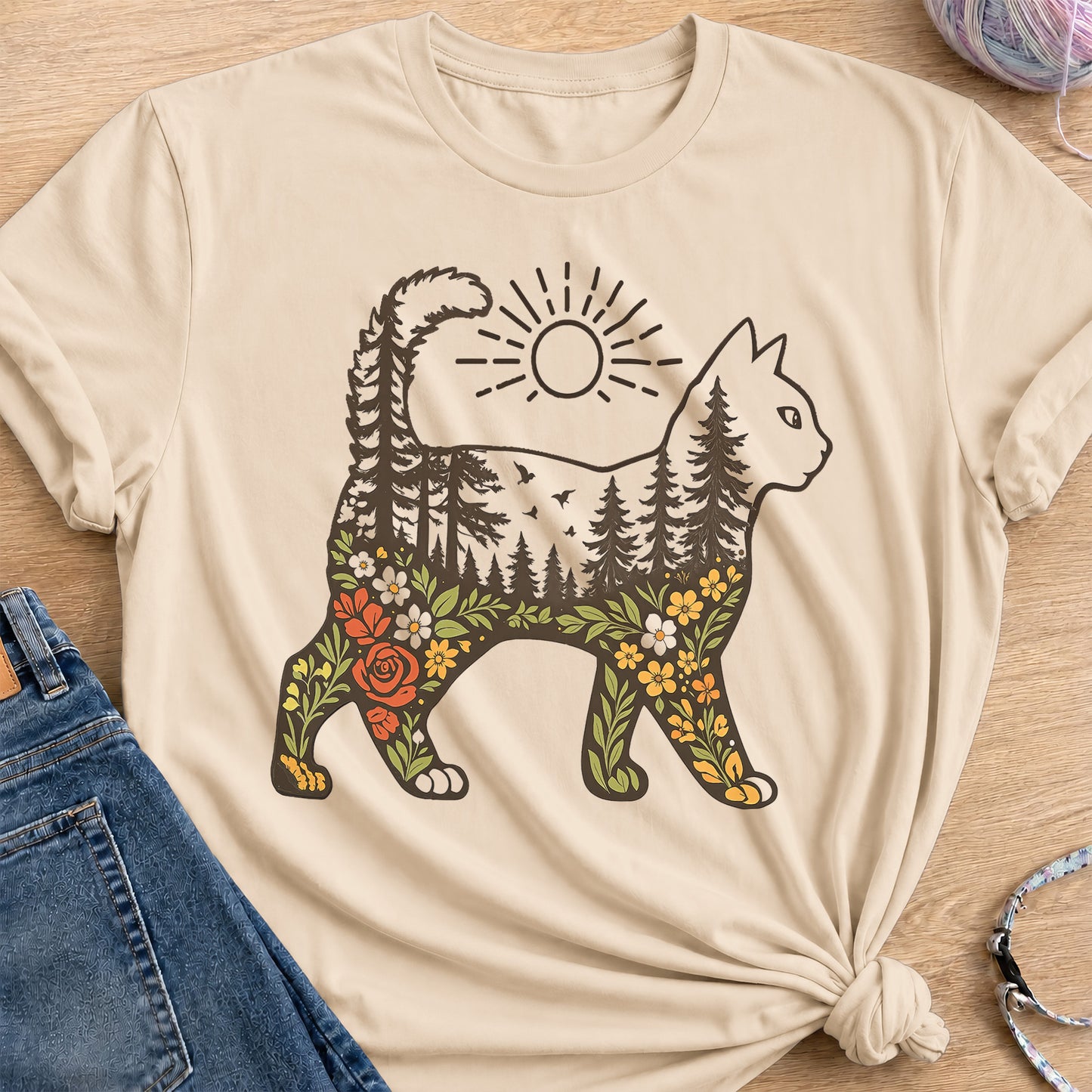 Woodland Cat T-Shirt — Sand