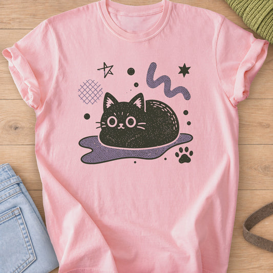 Wide-eyed black cat loaf on a puddle with stars, dots and a paw print on a Blossom T-Shirt
