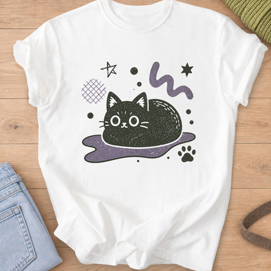 Wide-eyed black cat loaf on a puddle with stars, dots and a paw print on a White T-Shirt