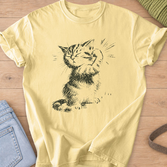 Sketched tabby kitten flexing a raised paw, eyes closed, with burst lines, dark charcoal ink on a Butter T-Shirt