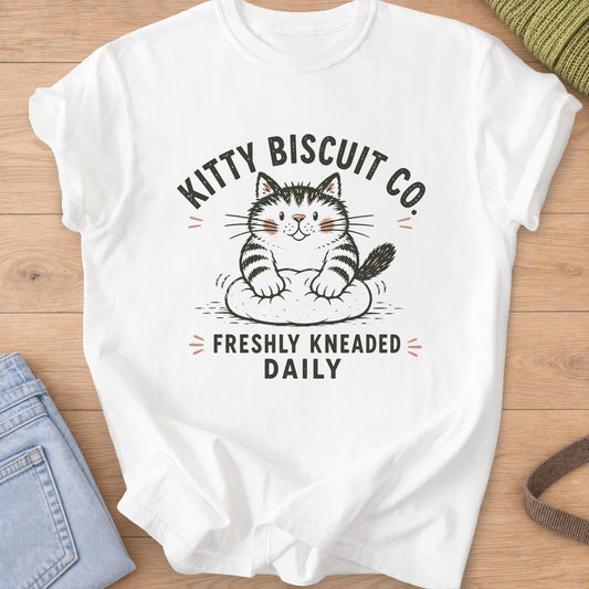 Smiling tabby cat kneading dough with the words "Freshly Kneaded Daily" on a White T-Shirt