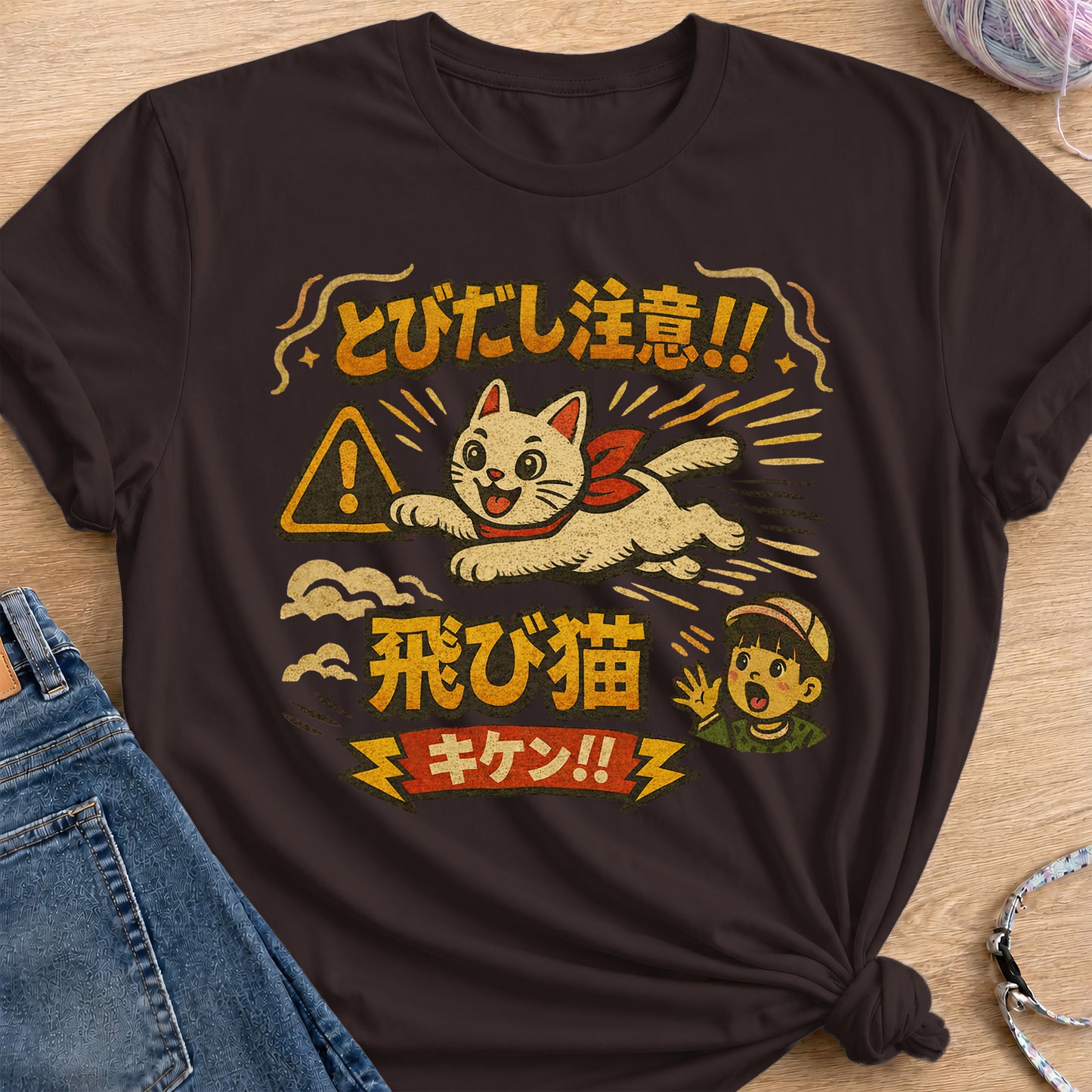Flying Cat Warning T-Shirt — Dark Chocolate