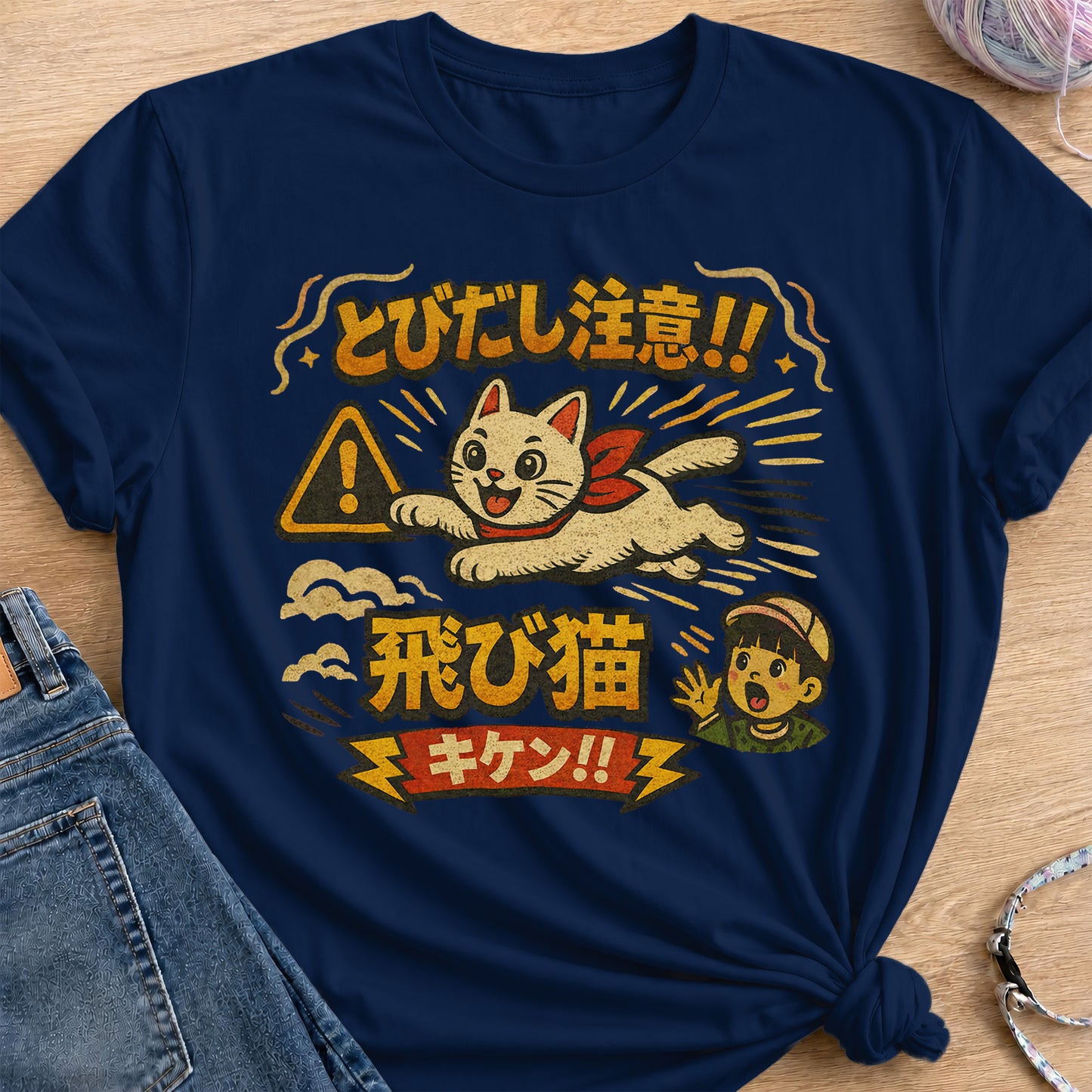 Flying Cat Warning T-Shirt — Navy