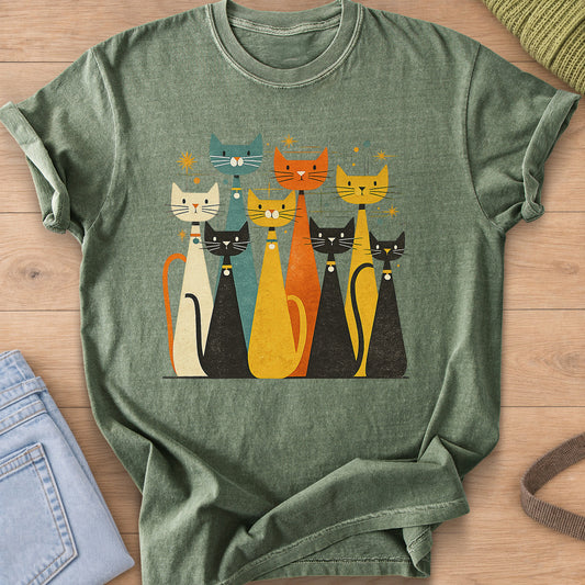 Eight tall mid-century cats with collar bells among starbursts and dots on a Moss T-Shirt