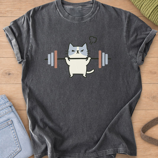 Patched cat squinting as it lifts a barbell, a puff of steam over its head on a Pepper T-Shirt