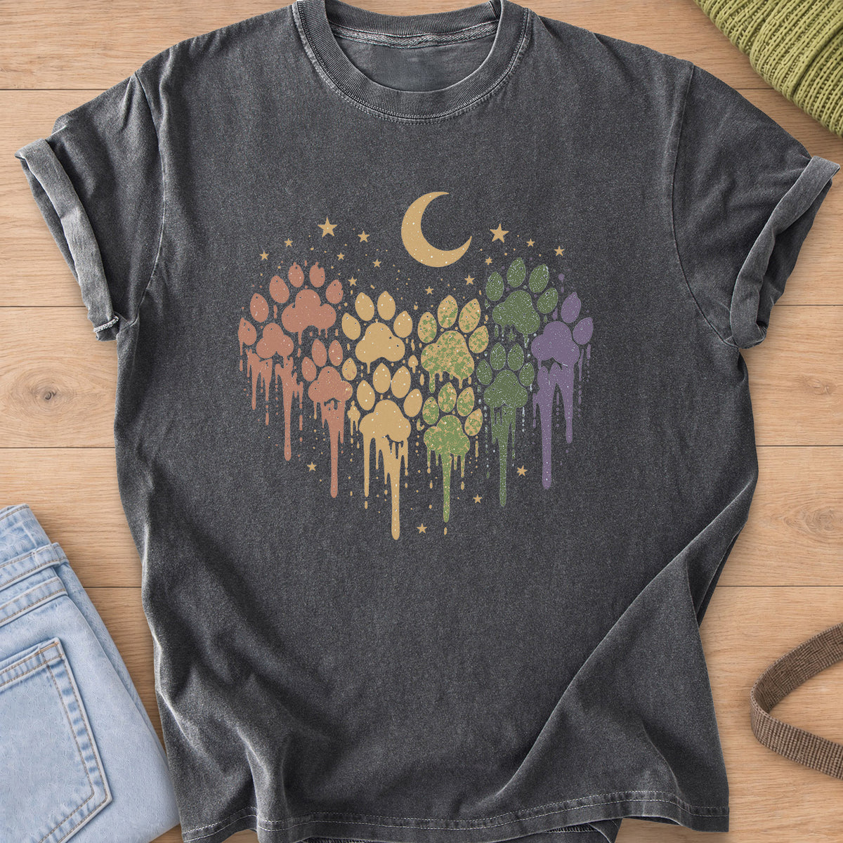 Paw prints in a dripping paint heart under a crescent moon and scattered stars on a Pepper T-Shirt