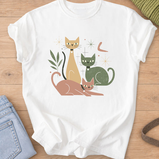 Three mid-century cats with collars posing among starbursts and a leafy sprig on a White T-Shirt