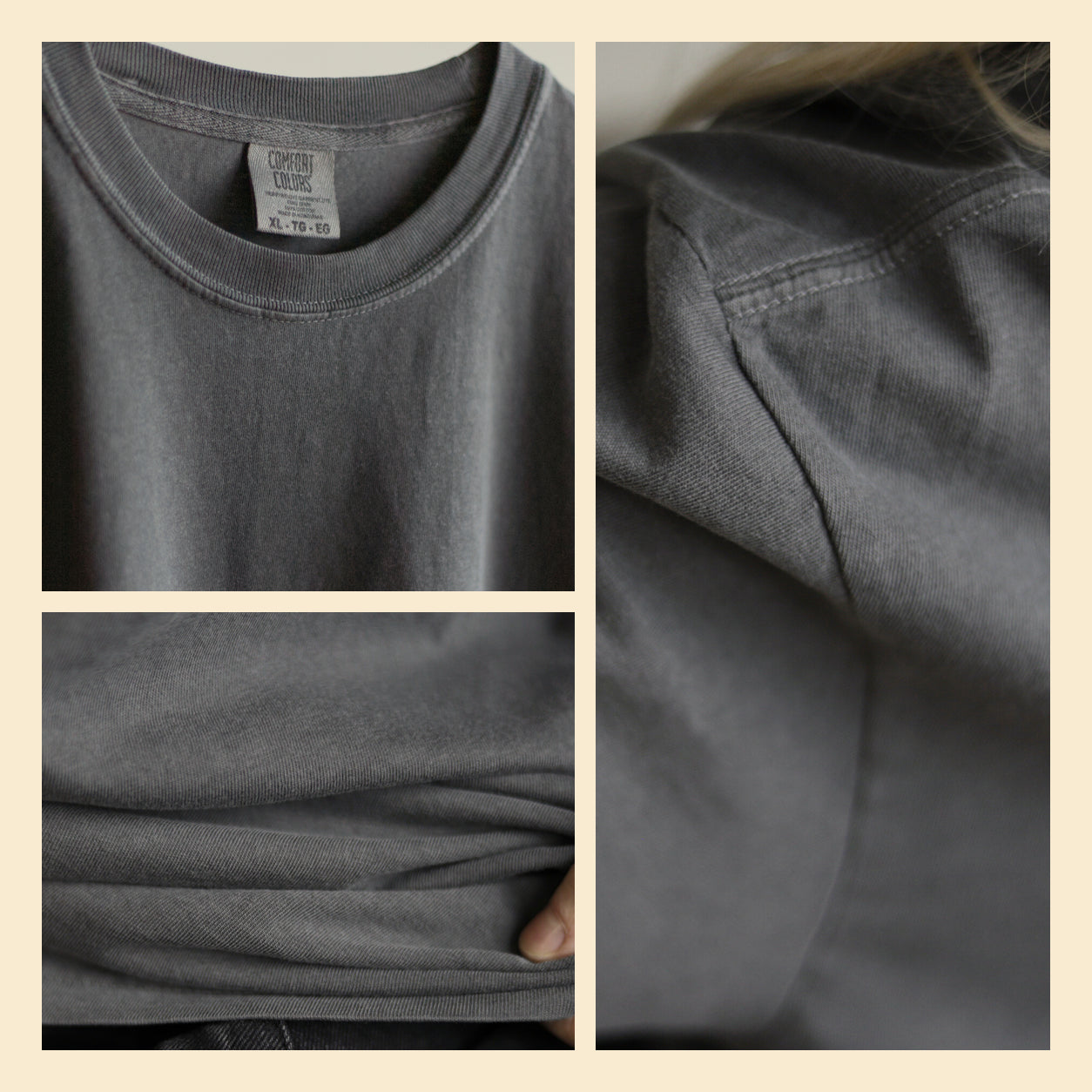 Comfort Colors 1717 in Pepper: neck tag, garment-dyed fabric and hem, shoulder seam