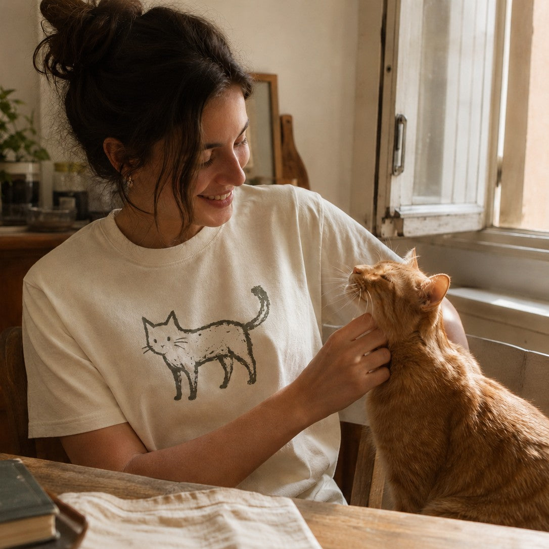 Woman in a natural Comfort Colors cat tee petting an orange tabby at a sunlit kitchen table